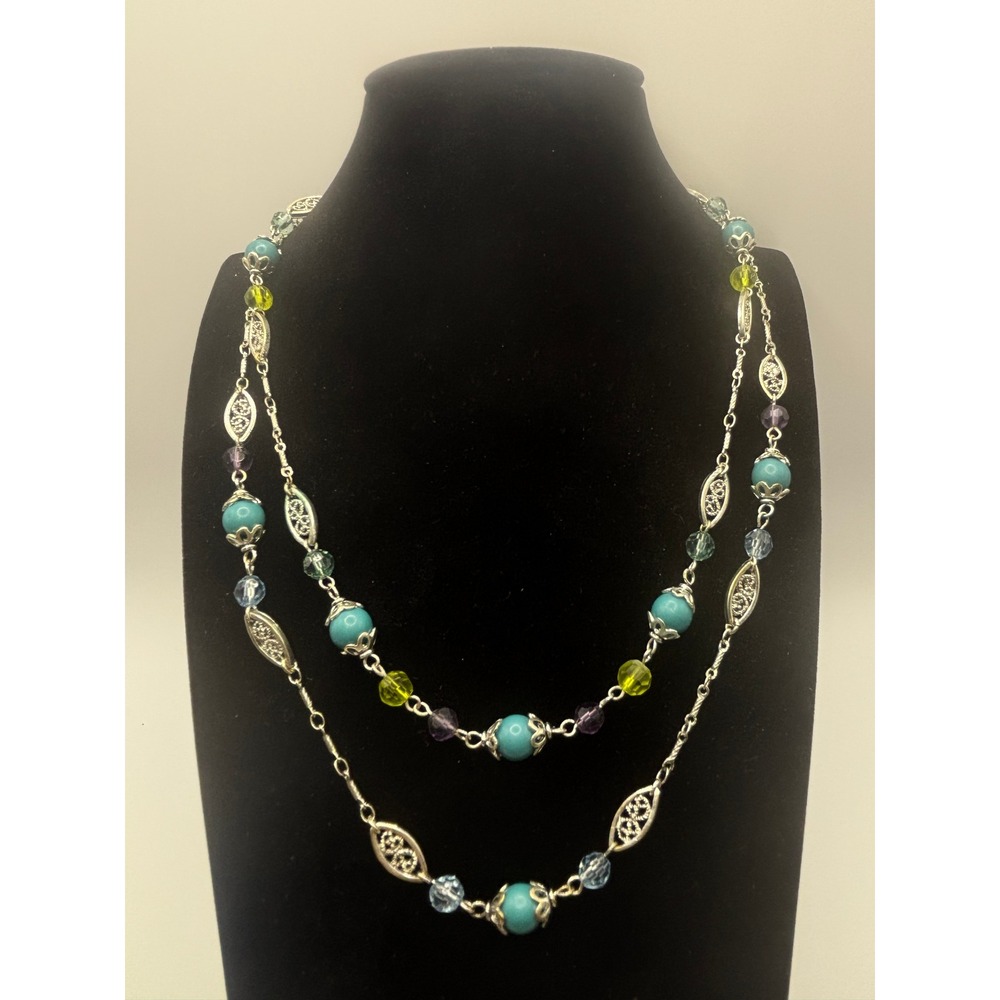 Sonoma Goods for Life Layered Beaded Necklace Silver Tone Turquoise Blue Green